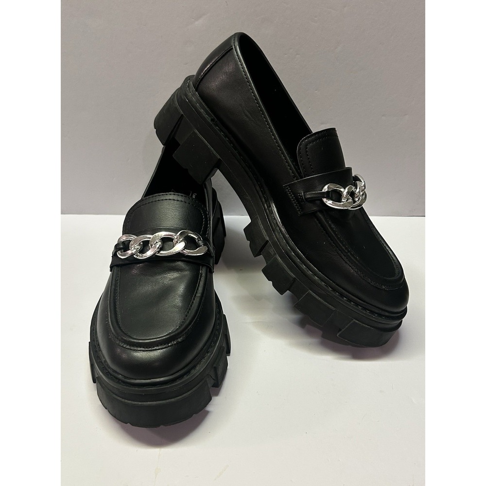 No Boundaries Womens Black Chunky Lug Sole‎ Chain Detail Platform Loafers Size 9